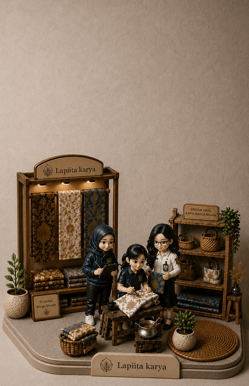 Diorama warga binaan Lapas Perempuan Kelas IIA Jakarta membuat dan menyiapkan produk batik dan kerajinan tangan