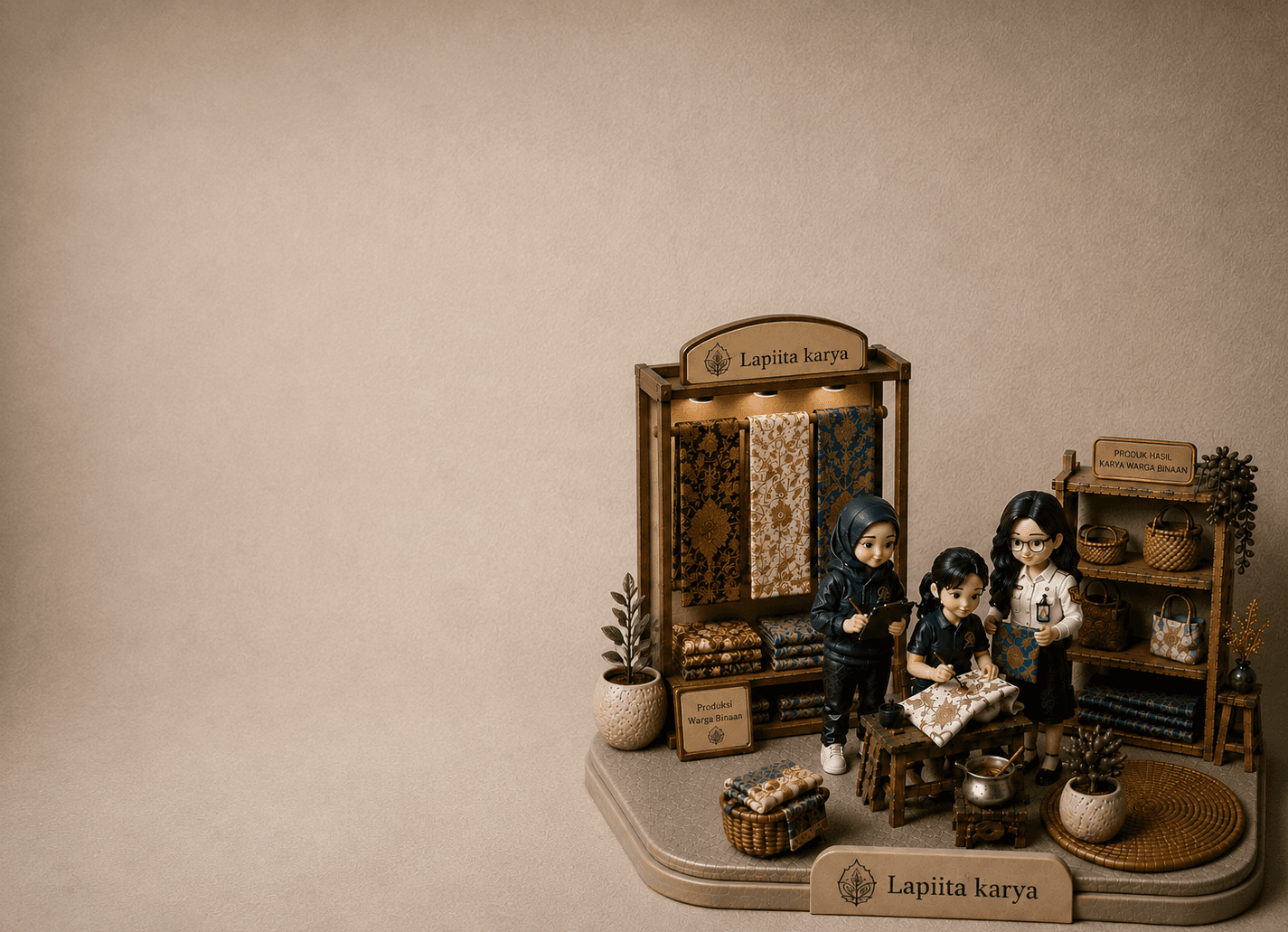 Diorama warga binaan Lapas Perempuan Kelas IIA Jakarta membuat dan menyiapkan produk batik dan kerajinan tangan